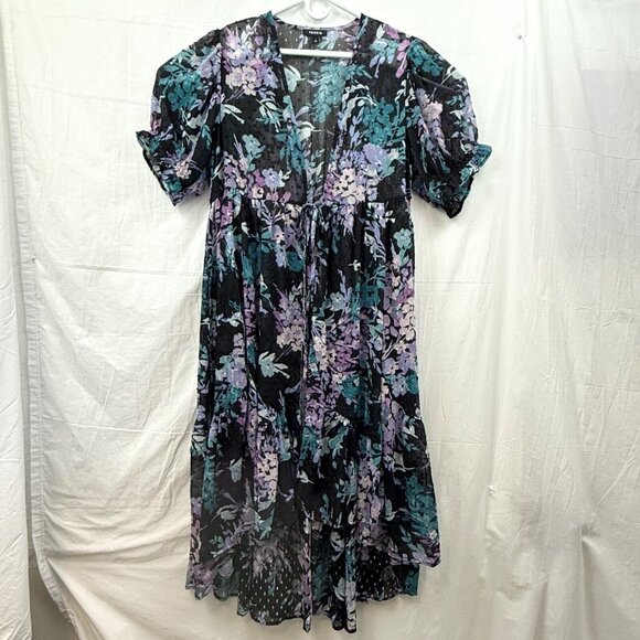 Torrid Ruffle Kimono Chiffon Clip Dot Women + Size 2 Floral Black - Picture 1 of 10